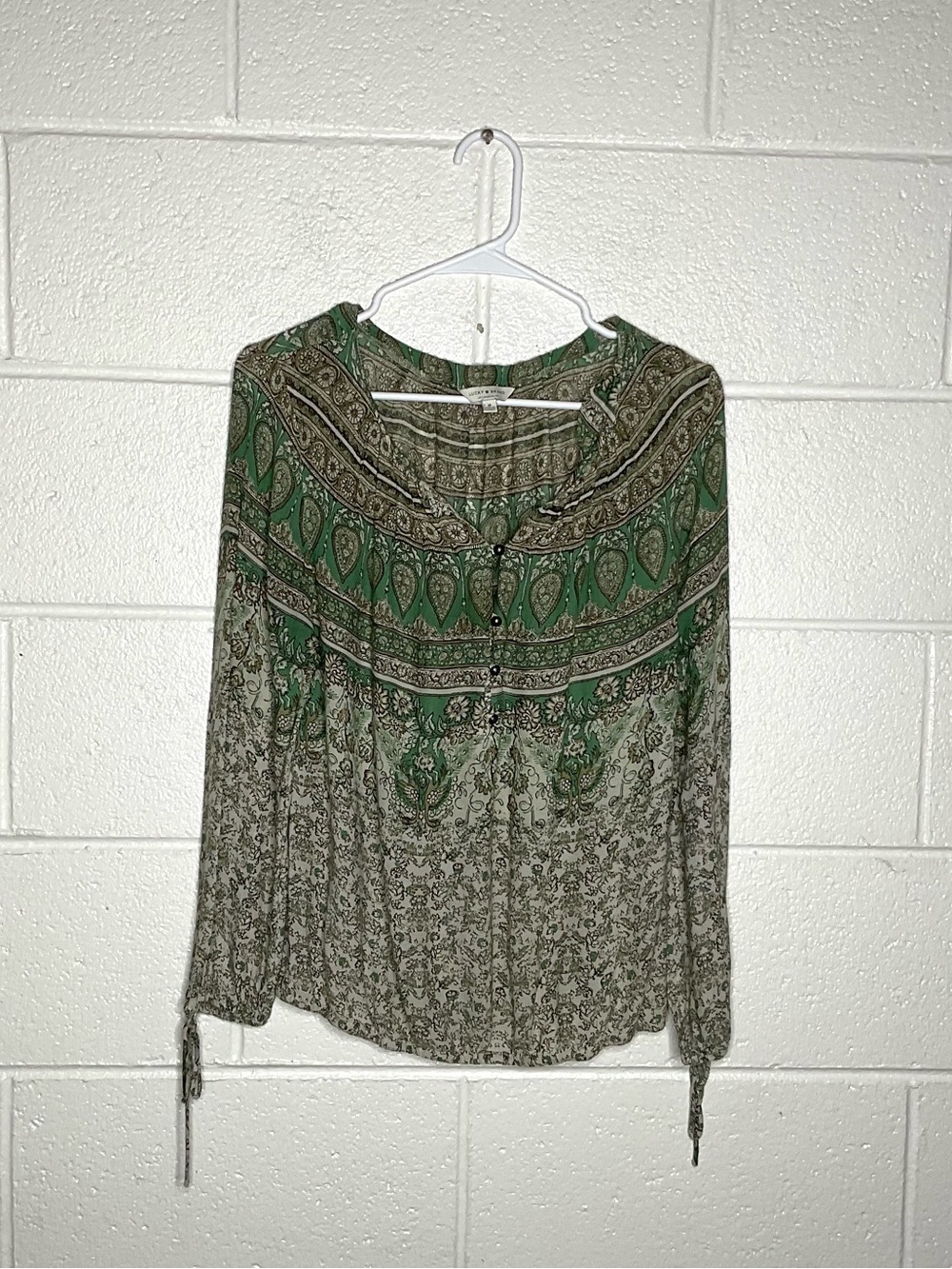 < Lucky Brand Boho Green Floral Print Long Sleeve Top Medium >
